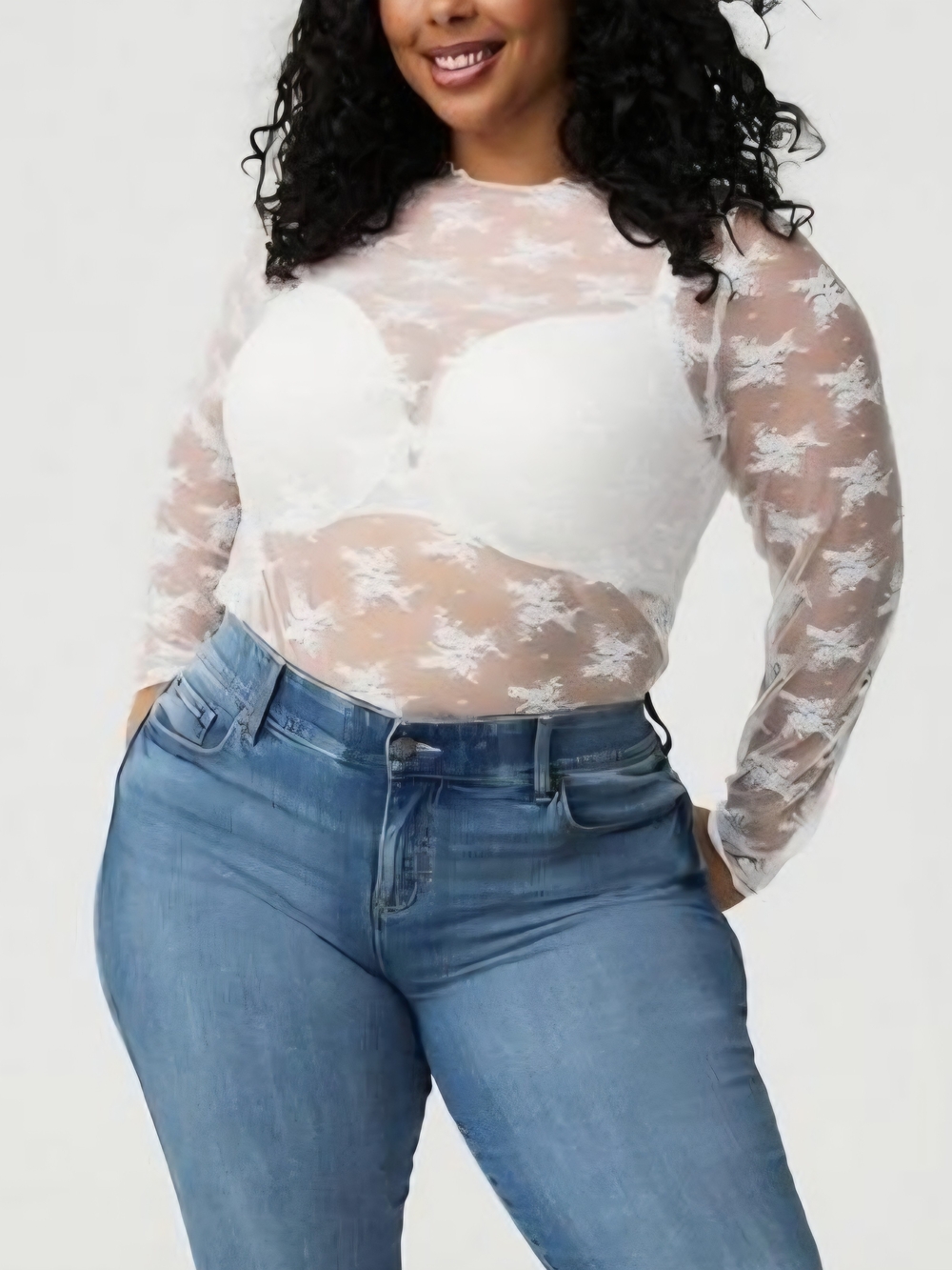 Torrid Sheer Floral Lace Long Sleeve Crewneck Lettuce Hem Top Size 2 (18/20)